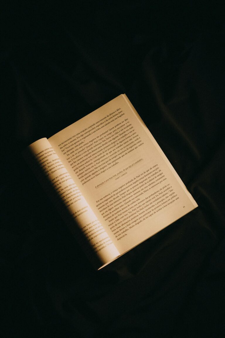 An open book with text on a dark fabric surface, creating a peaceful, vintage aesthetic.